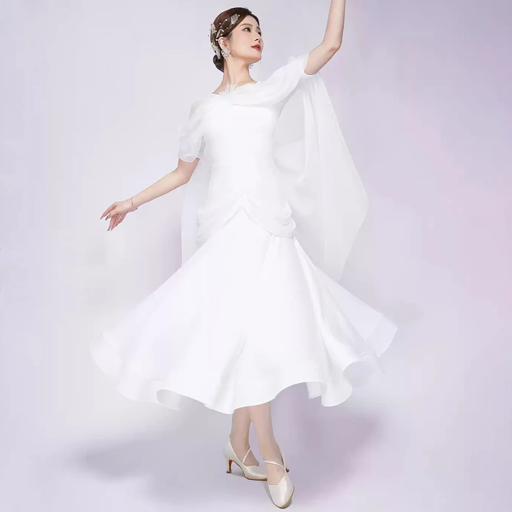 블랙 왈츠 드레스 새로운 스타일 볼룸 댄스 경연 대회 연습복 반팔 흰색 스트랩 연습 성능 슈트