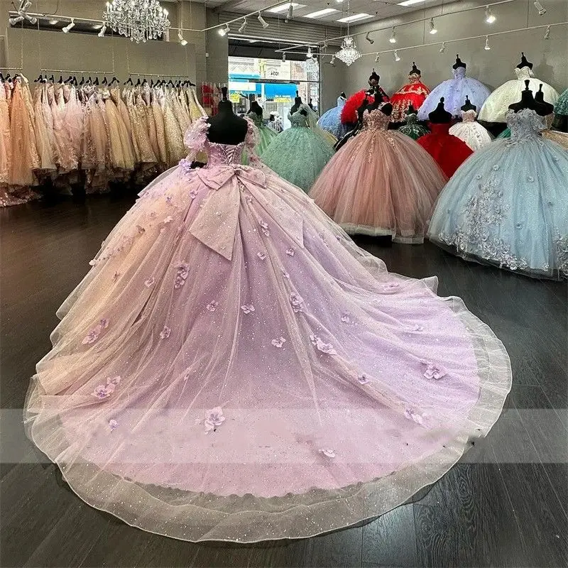 Lorencia Lilac quinceanera ชุด2023พร้อมห่อดอกไม้ลูกไม้ appliques Sweet 16ชุด vestidos de XV anos YQD375