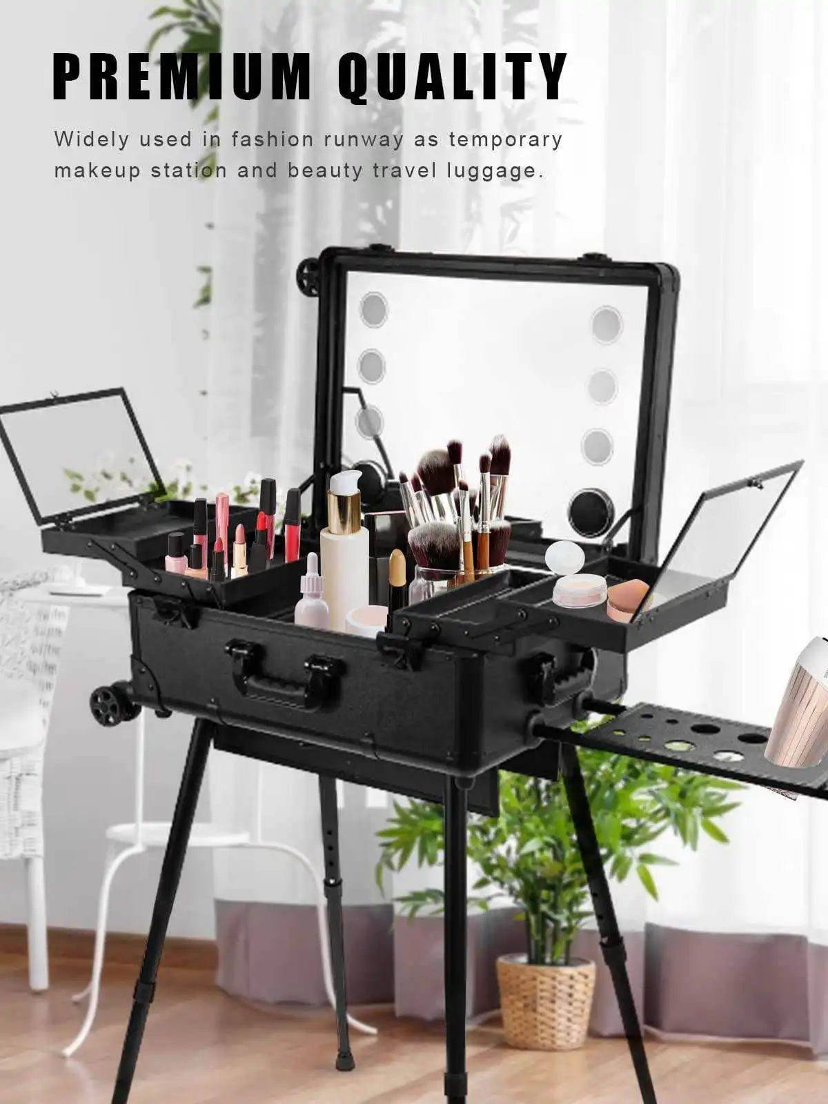 Rolling Metal Cosmetic Case With Luminous Mirror 24-Inch Large Salon Trolley 4-Wheel Portable Storage For Hotel Living Room Use