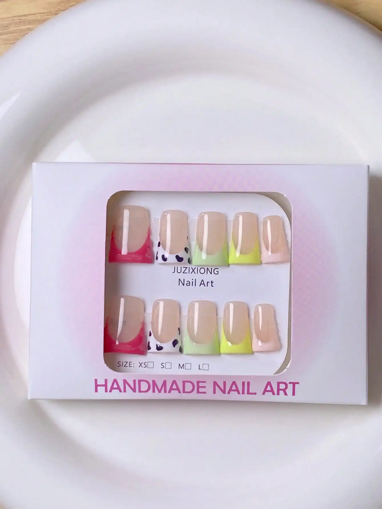 10 Stück reine handgemachte Entennägel, mehrfarbig, französisches Kuhmuster, Pulver, Creme, Puder, niedlich, modisch, leicht, falsche Nägel