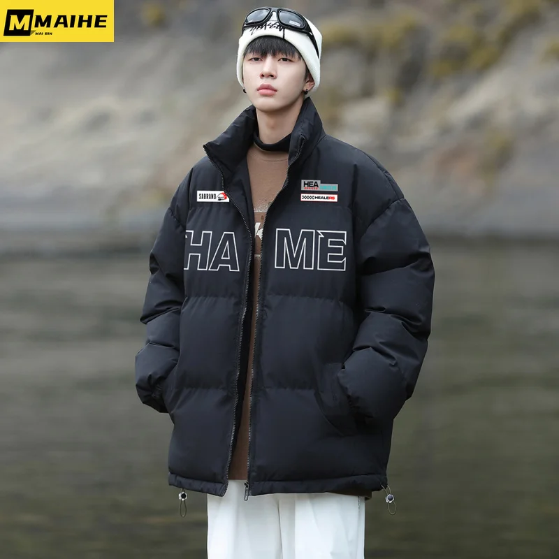 2023 New Winter jacket for men Motorcycle vintage Hip hop letter-printed stand collar parka for men windproof warm coat loose