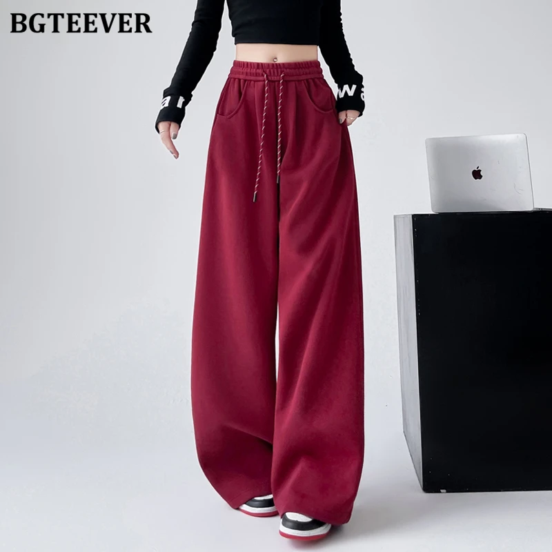 

BGTEEVER Casual Lace-up Elastic High Waist Floor-Length Women Wide Leg Trousers Autumn Winter Loose Pockets Female Sweatpants
