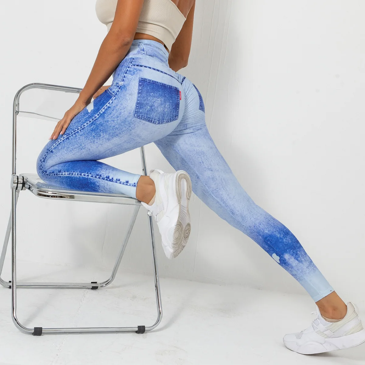 Women's digital printed denim blue tight height elastic quick drying yoga pants, sports running tight fitness pants