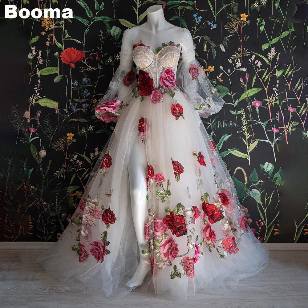 Booma Embroidery Long Prom Dresses Flowers Sweetheart Bustier Evening Dresses for Women High Side Slit Tulle Party Events Gowns