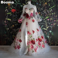 Booma Embroidery Long Prom Dresses Flowers Sweetheart Bustier Evening Dresses for Women High Side Slit Tulle Party Events Gowns