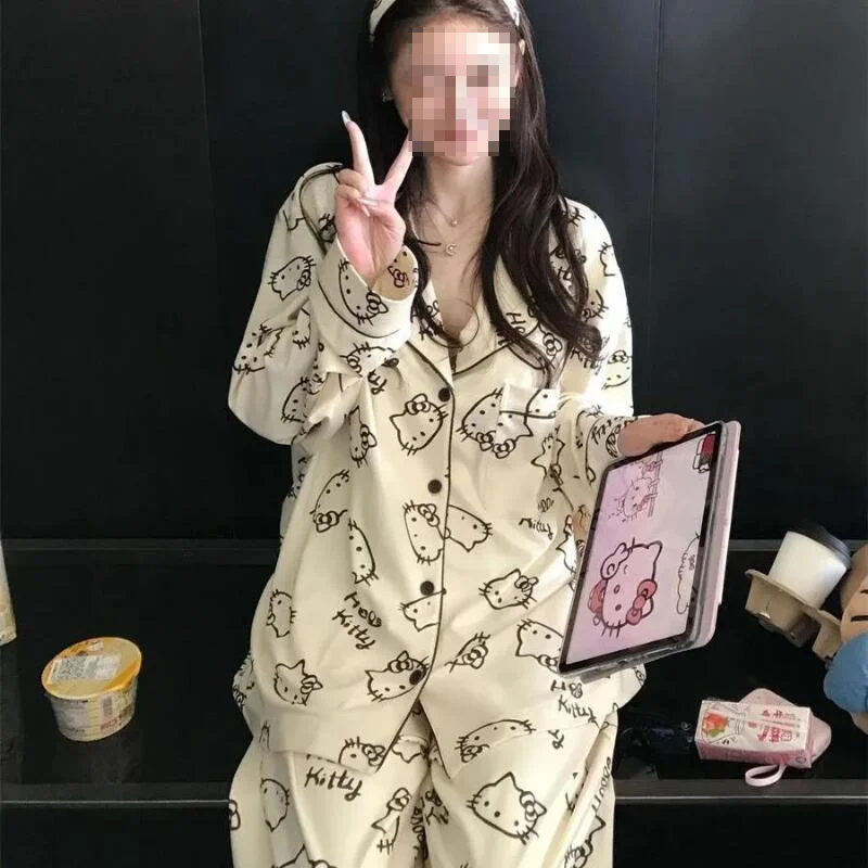 

Sanrio Hello Kitty Advanced Lapel Pajamas Kawaii Cartoon Women's Winter Long Sleeves Long Pants De Rong Thicken Homewear Set New