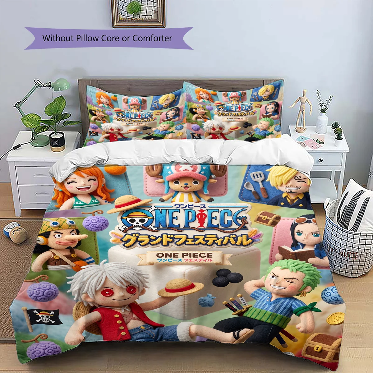 One Piece Patterned Pillowcase & Duvet Cover Set 3-Piece Anime Bedding Decor for Bedroom Excellent Gift for Fans YUN6516