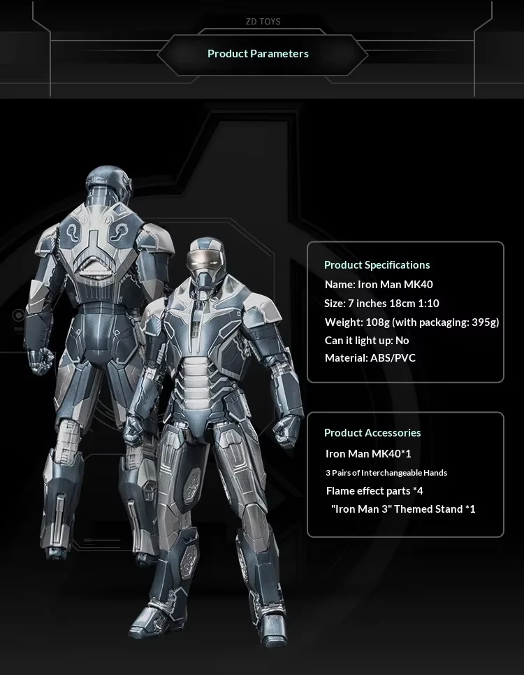 ZDTDS Iron Man MK40 Avengers Action Figure Tony Stark Movable Collectible Model Desktop Display Decor Gift for Hobbyists Fans