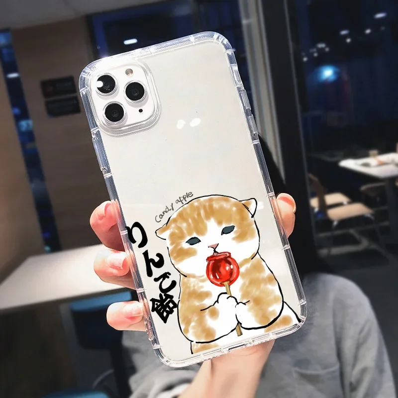 Funny Animal Cartoon Cute Cat Food Phone Case for iPhone 11 12 13 14 15 Pro Max 8 Plus Mini XS XR SE Transparent Soft Back Cover