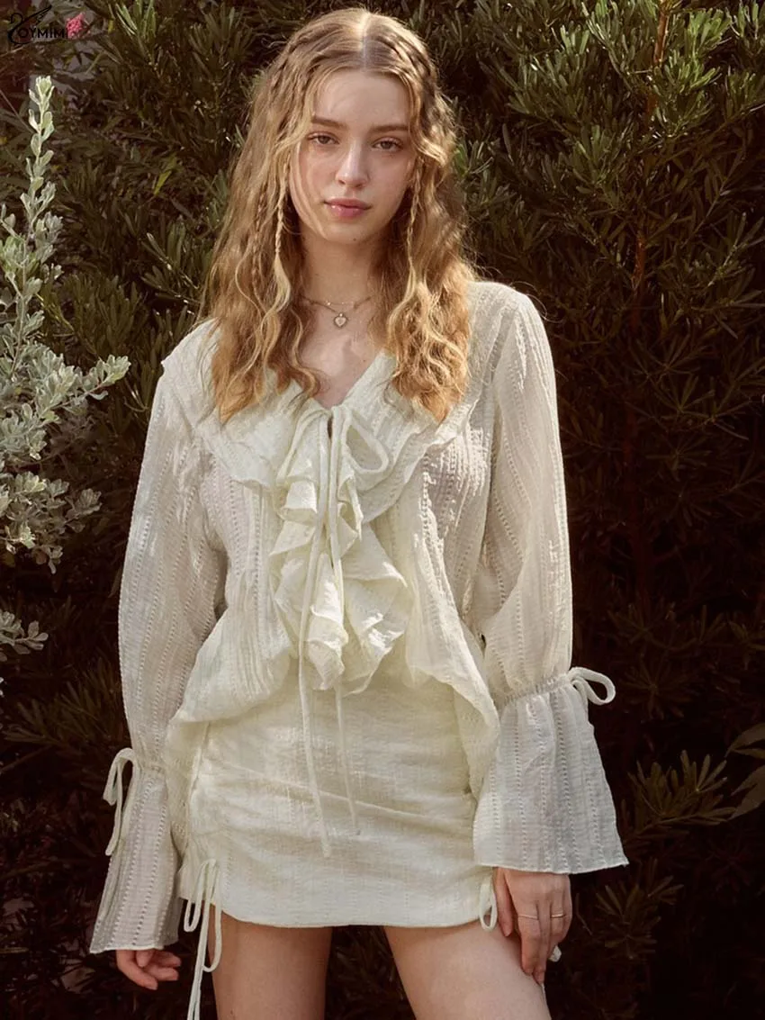 

Oymimi Elegant Yellow Loose Two Piece Outfits Woman Casual V-Neck Long Sleeve Lace-Up Ruffled Shirt And Slim Straight Skirts Set