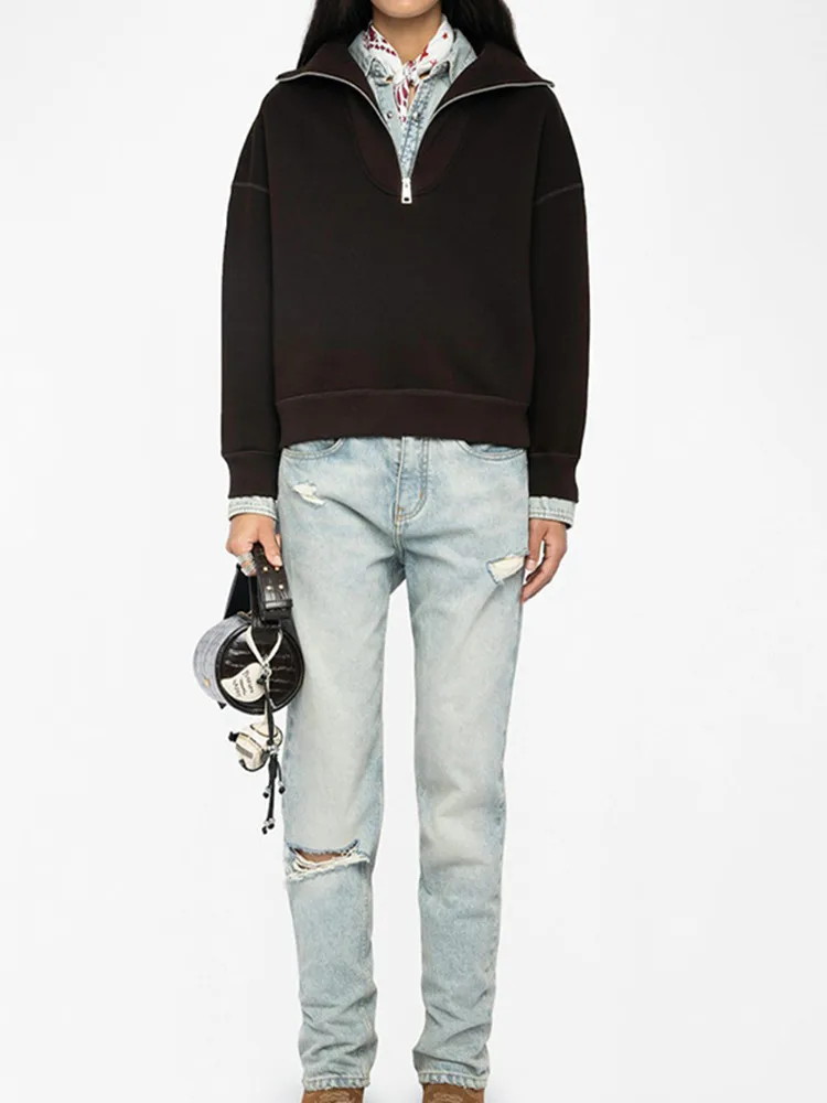 خريف شتاء المرأة بلوزة من الصوف عودة إلكتروني التطريز الساخن حجر الراين نصف سستة سيدة بدوره إلى أسفل طوق أعلى جديد 2025