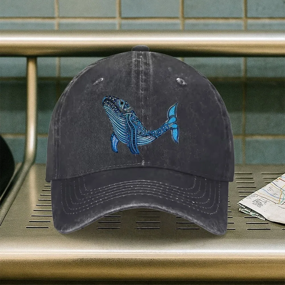 Blue Whale Print Baseball Cap Washed Denim Adjustable Casual Sun Hat for Unisex Adults