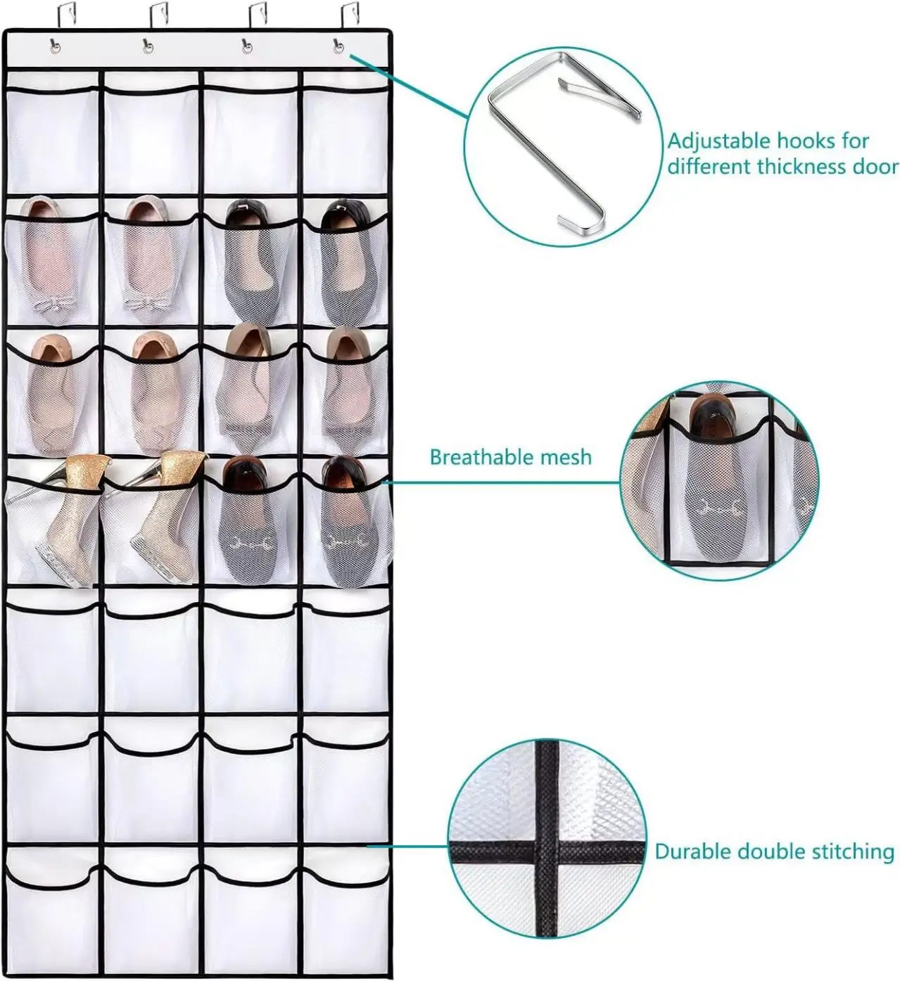Over the Door Shoe Organizer,40 Grid Large Breathable Mesh Pockets, Space Saving Hanging Storage Holder,Closet Rack Hanger Holds