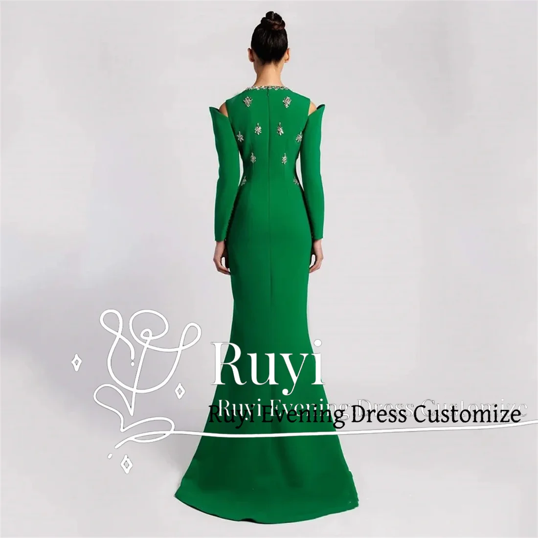 Customized Green Crepe Mermaid Crystals Stone Luxury Evening Dress Crew Neck Long Sleeves Sweep Train Front Slit Prom Gown