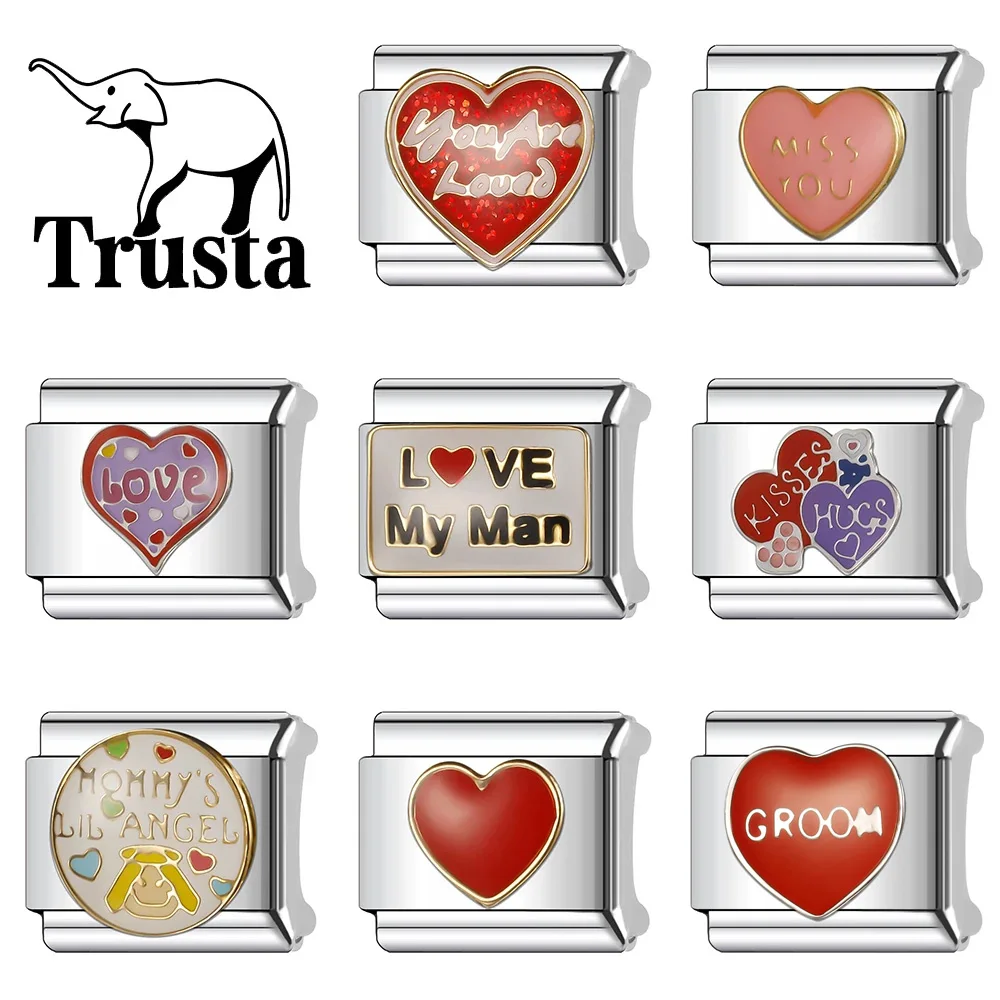 Trusta 2024 Romantic Kiss Miss You Love Key Heart Charm Italian Links 9mm Bracelet Stainless Steel For Women DIY Jewelry N025