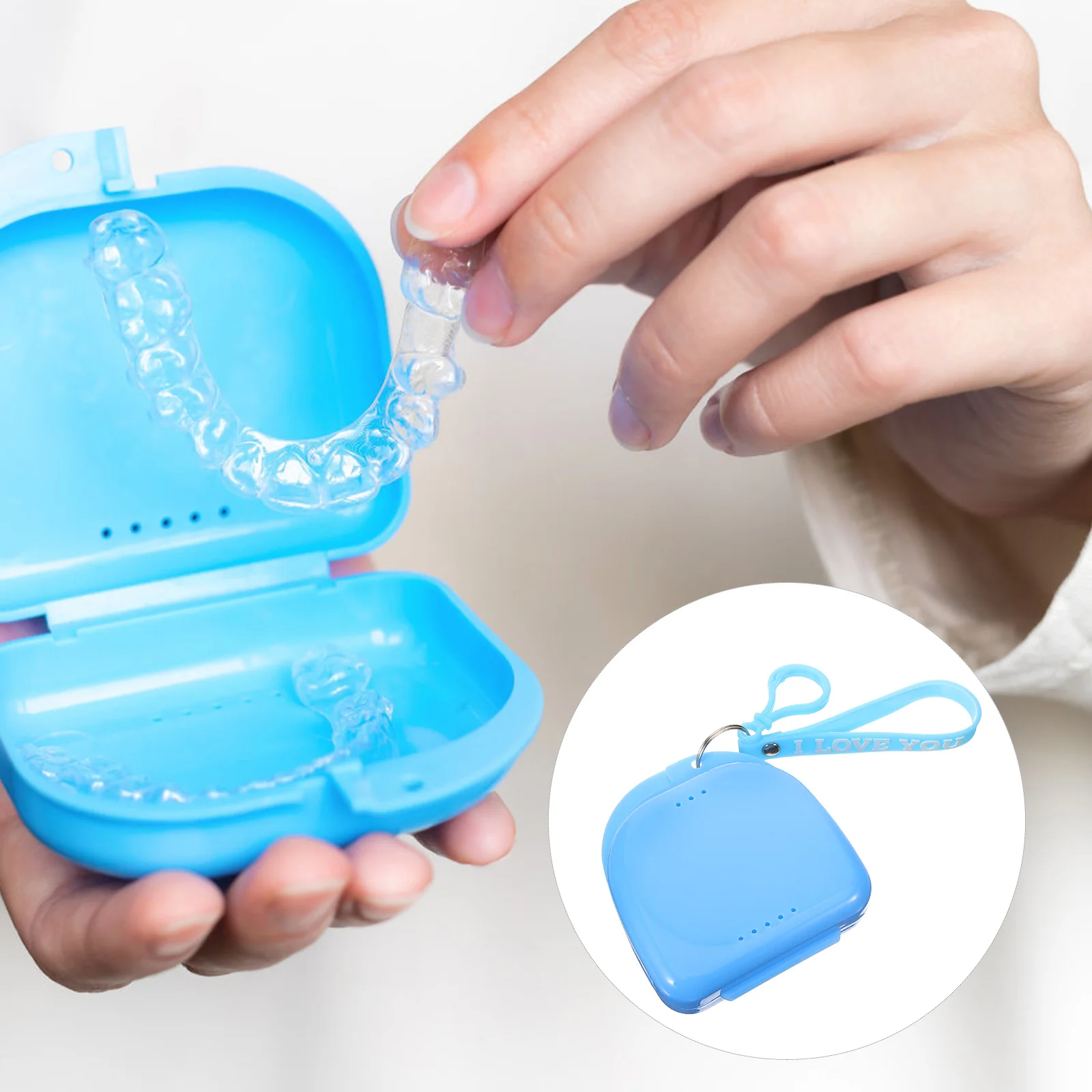

Denture Case Holder Box Mouthguard Container Small Blue Plastic Rope Hook Mouthguard Case Portable Storage Solution
