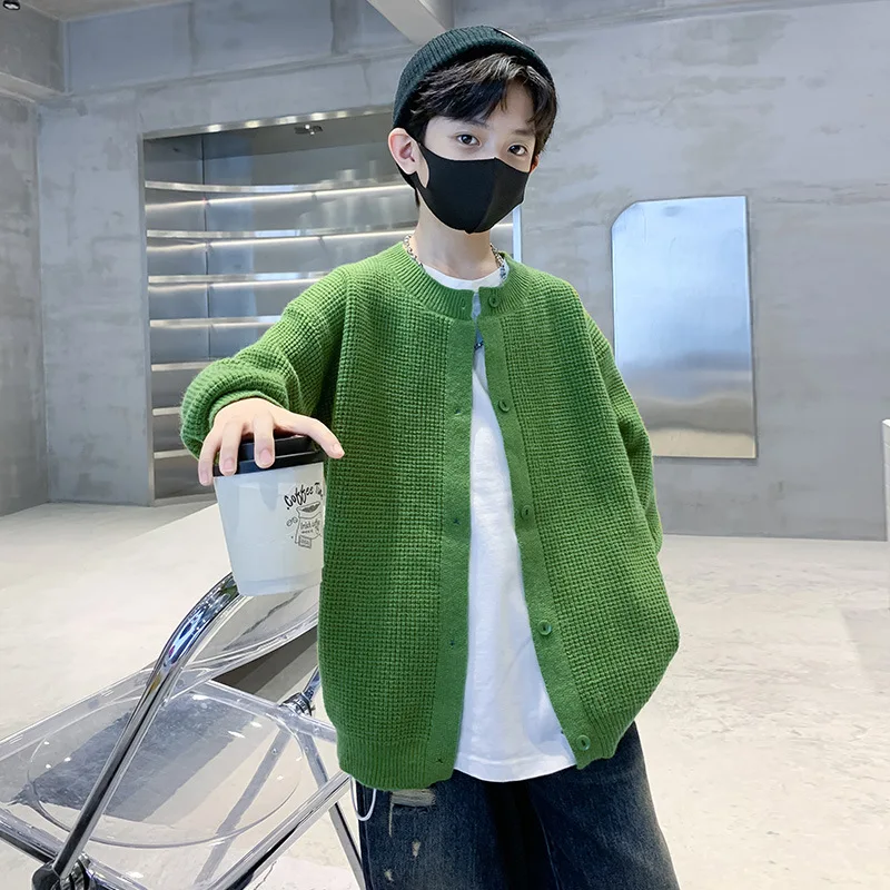 Boys Sweater Spring Autumn Green Jacket Single-Breasted Knitted Sweater Loose New Arrival Cardigan 4-14T Children O-Neck Clothes