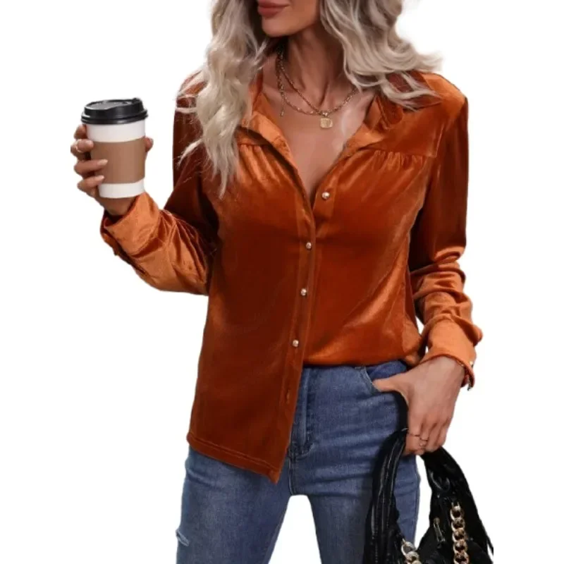 เสื้อเบลาส์แฟชั่นผู้หญิงไซส์ใหญ่ รุ่นใหม่ สำหรับฤดูใบไม้ผลิและฤดูใบไม้ร่วง ผ้ากำมะหยี่ แขนยาว สีพื้น เรียบหรู มีกระดุมและกระเป๋า