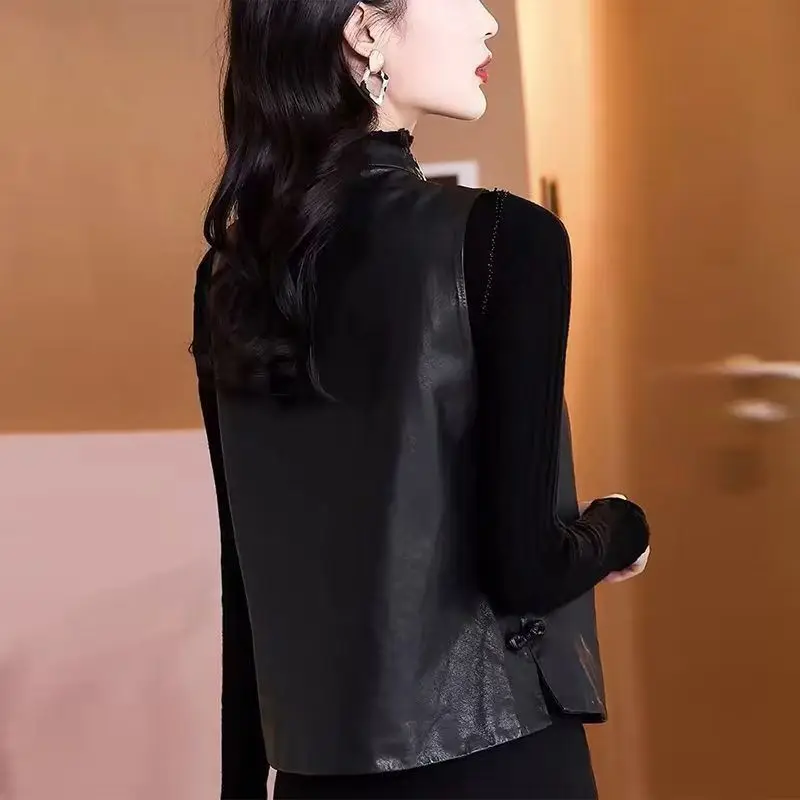 Leather Vest Jacket For Women 2025 New Chinese Style Retro Black Sleeveless PU Coat Ladies Single Breasted Cardigan Waistcoat