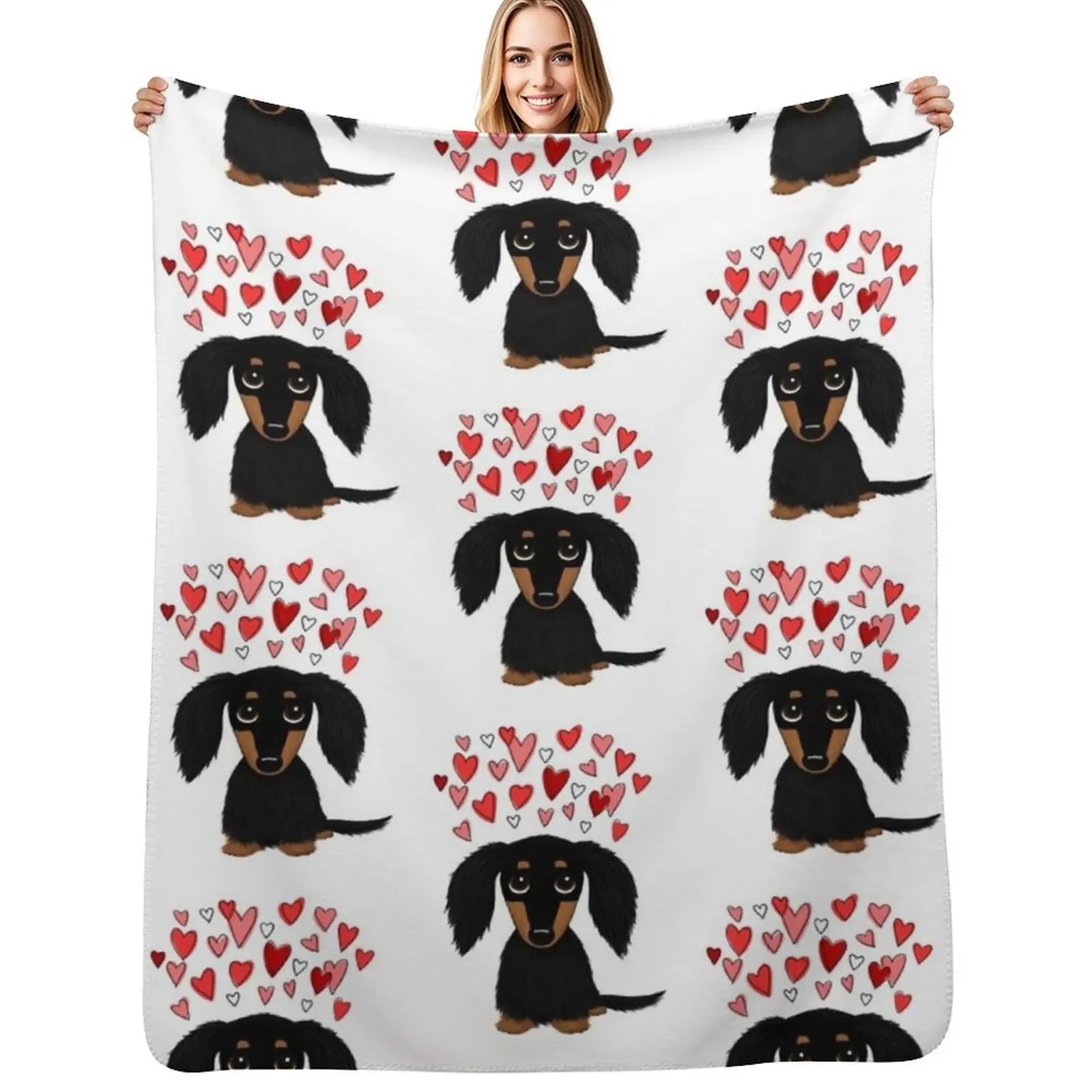 Black and Tan Longhaired Dachshund with Hearts Throw Blanket Soft Plaid Soft Beds Sofa Quilt Blankets For Baby Blankets
