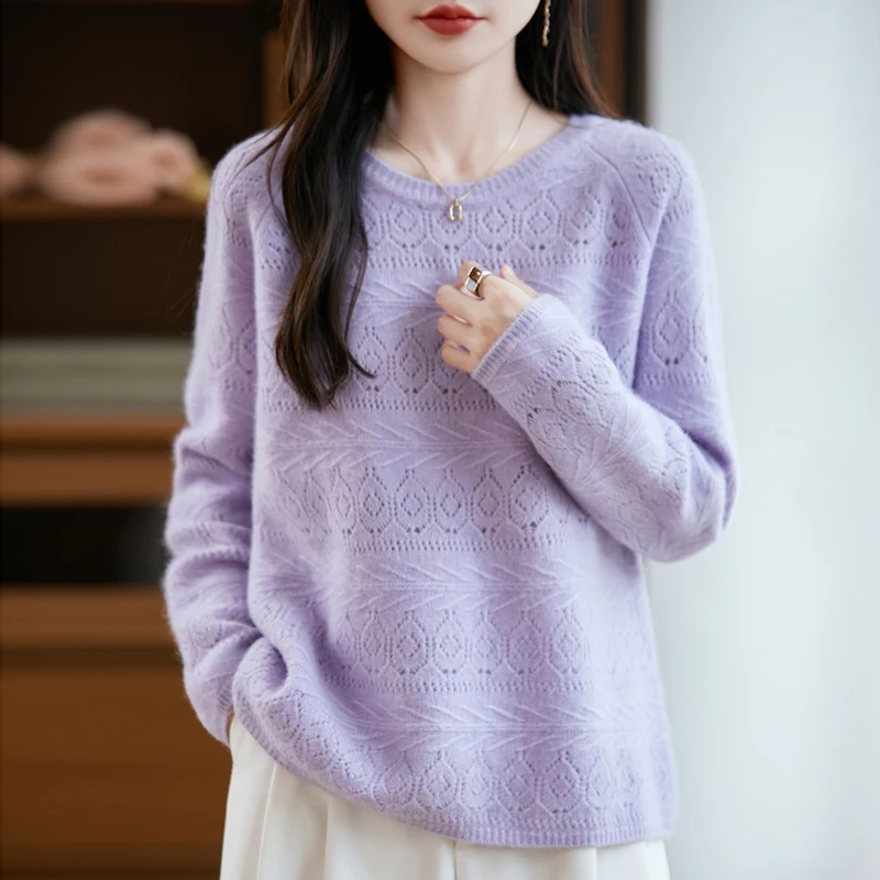100% pure cashmere sweater female pullover loose openwork jacquard thick cashmere knitted bottoming shirt top