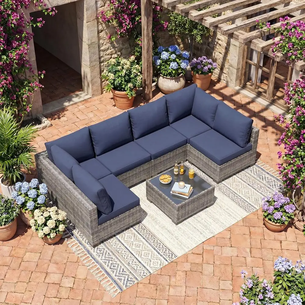 

7-Piece Outdoor Patio urniture Set, All-Weather Wicker Rattan Sectional Soa with Thick Cushions & Glass Table, ular Patio Contio