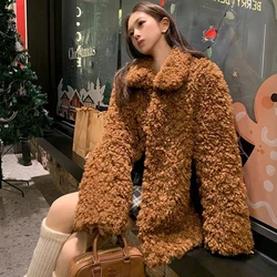 Winter Fashion Women Lamb Wool Coat Loose Female Lapel Faux Fur Warm Casual Jacket Outerwear