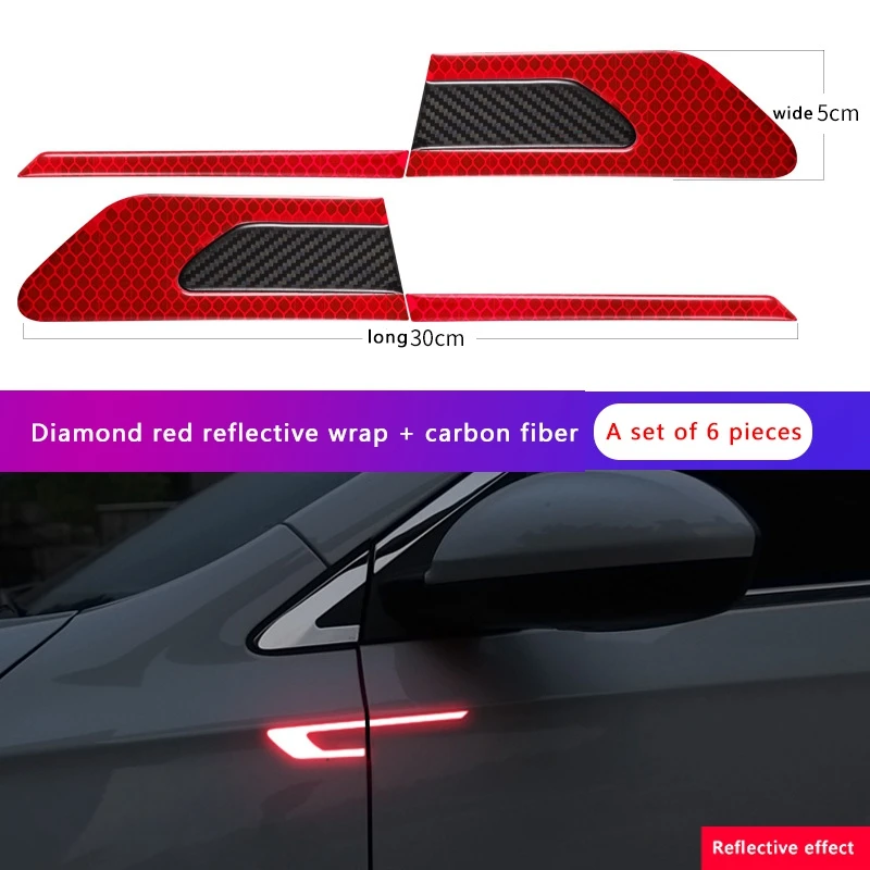 6 Pcs Car Reflective Warning Strip Tape Auto Bumper Reflector Strips Reflector Stickers Decals Red