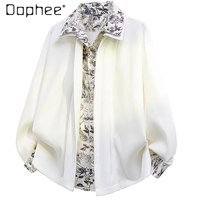2025 Spring and Autumn New Men's Fake Two-Piece Patchwork White Shirt High-End Plant Print Casual Black Gray Long Sleeve Shirt