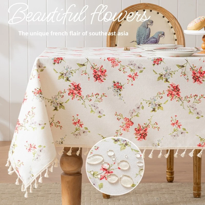 French-Style South Asian Floral Tablecloth with Tassel Decoration, Waterproof Tablecloth for Home Dining Room, Coffee Table, and
