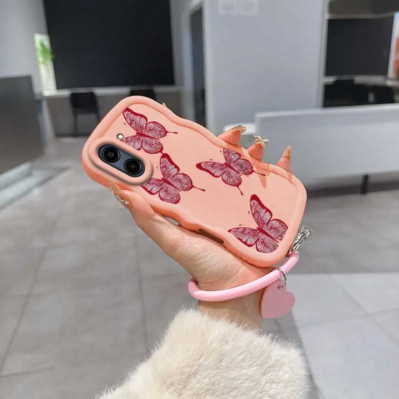 For Galaxy A06 Red butterfly Designed Case For Study With Flexible And Stylish And Wristband Compatible With Samsung A M S F 32