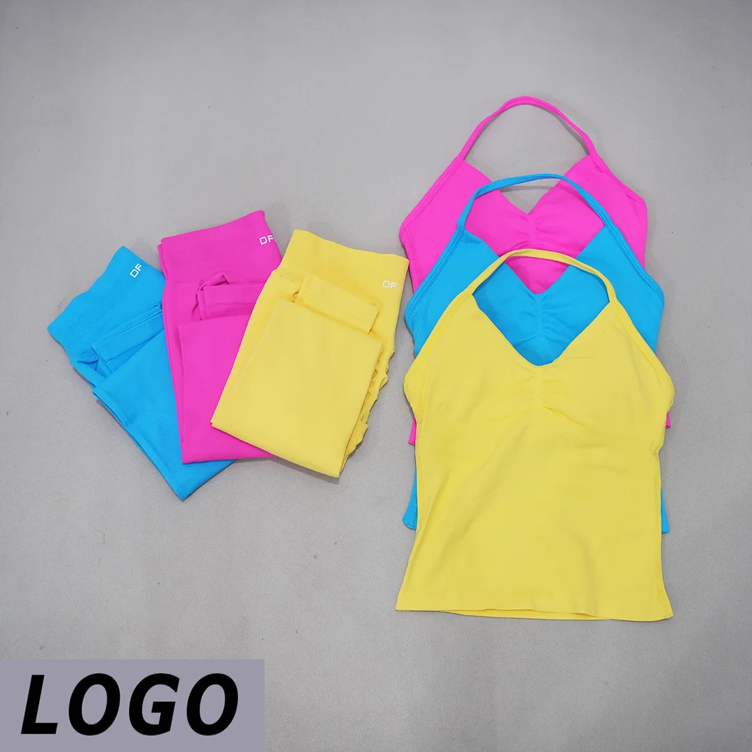 DF-logo Women's Two-Piece Seamless Sports Suit V-Neck Vest yoga Short High Waisted Lifting Buttocks Leggings Breathable Running