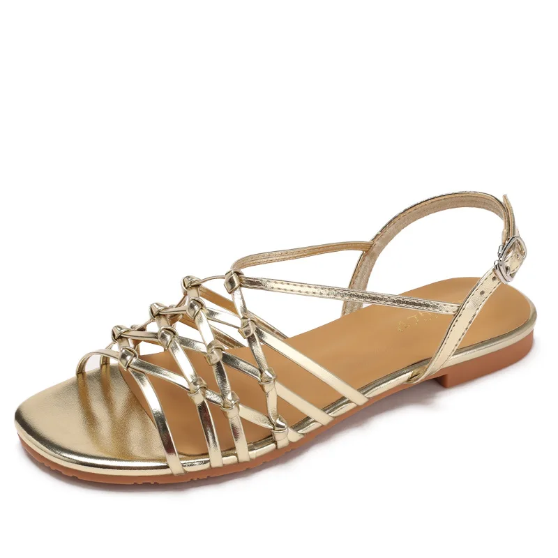 

2025 Summer New Handmade Knitted Fine Strap Sandals for Women Round Headed Flat Bottom Simple Casual Beach Sandals J2526-1