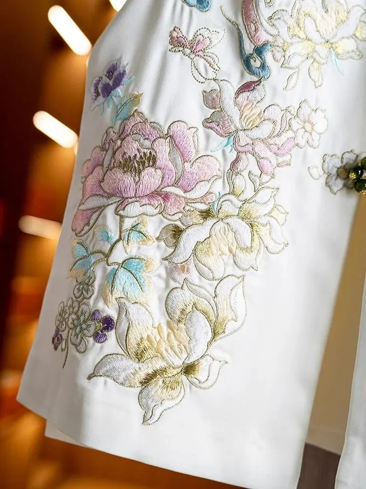 المطرزة الحرير الحرير سترة المرأة الوقوف الرقبة العرقية نمط التطريز أكمام أعلى الصينية الوطنية