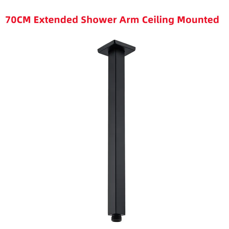 70CM Stainless Steel Black Shower Arm with Flange Ceiling Mounted Square Straight Extender Extension Pipe Tube Replacement