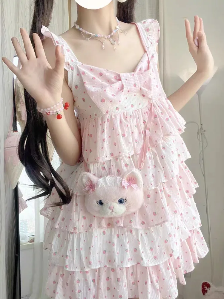 Sweet Japanese Style Tiered Sleeveless Dress with Polka Dots Cute Mini Cake Dress Summer Casual Feminine Outfit for Women New