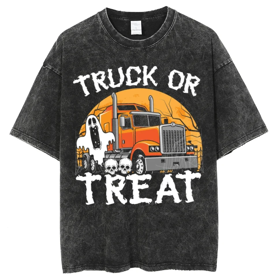 Truck Or Treat Series Washed T Shirt Men Women Graphic Y2K Cotton Tshirt Unisex Harajuku Streetwear T-shirt Clothing