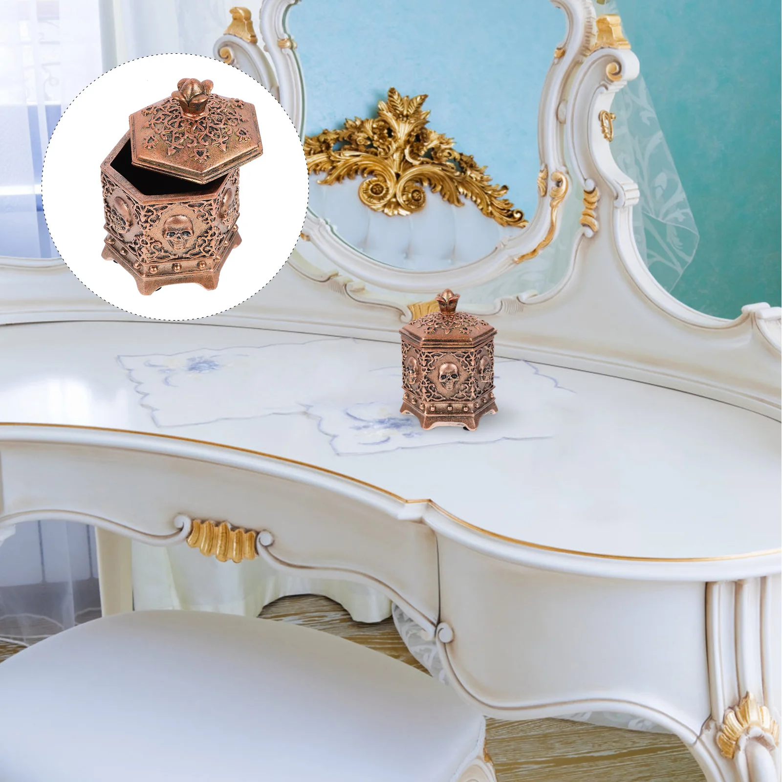1Pcs Jewelry Box Stylish Hexagonal Skull Golden Resin Jewelry Storage Organizer Container for Rings Earrings Watches Decorative