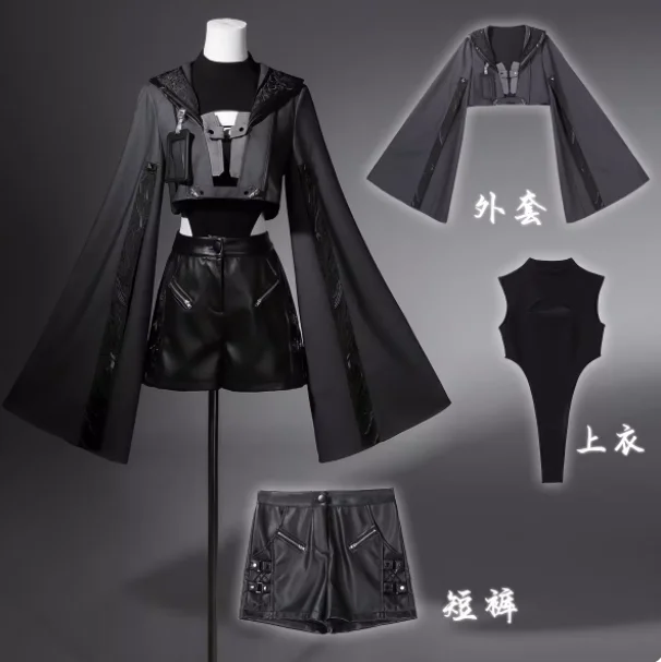 ダーク長袖多用途ファッション個性ショートコートセクシーなラウンドネックノースリーブベストクールハンサムガールズレトロショーツセット