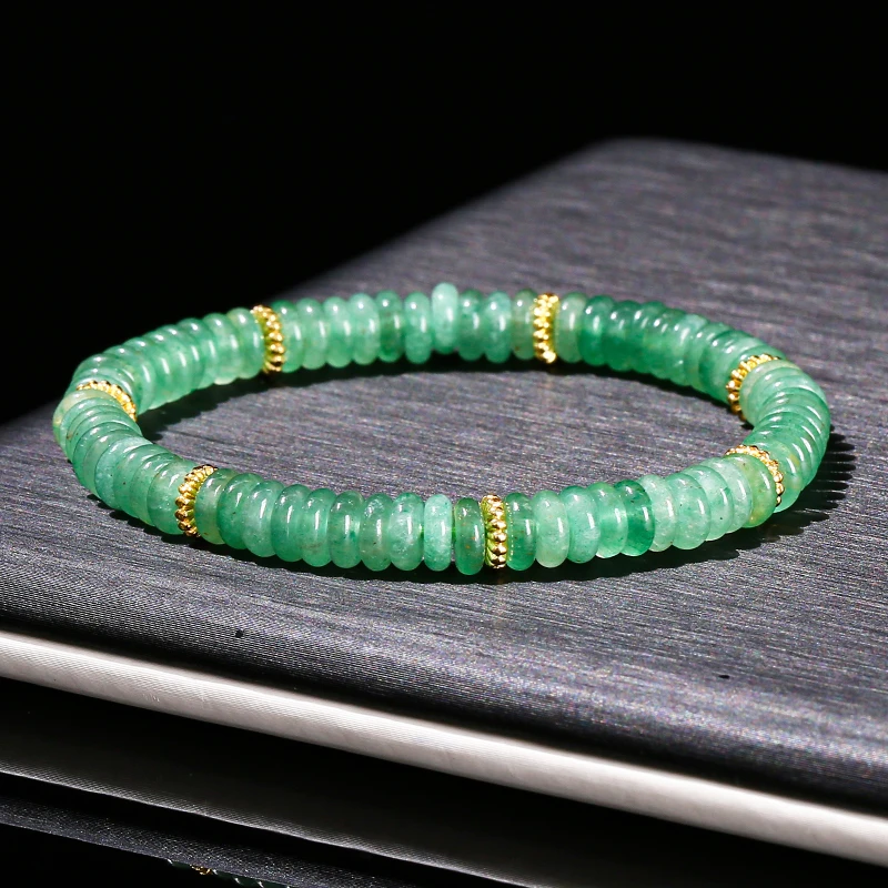 JD Natural Stone Green Aventurine Pink Quartz Flat Spacer Beads Bracelet Women Men Bohe Elastic Bangles Healing Friendship Gift