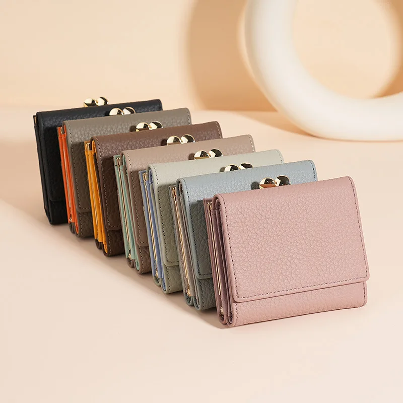 New style leather purse ladies short alloy frame purse rfid high-end female wallet small purse