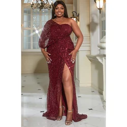 Plus Size Burgundy Formal One Shoulder Backless High Split Irregular Sequin Maxi Dress