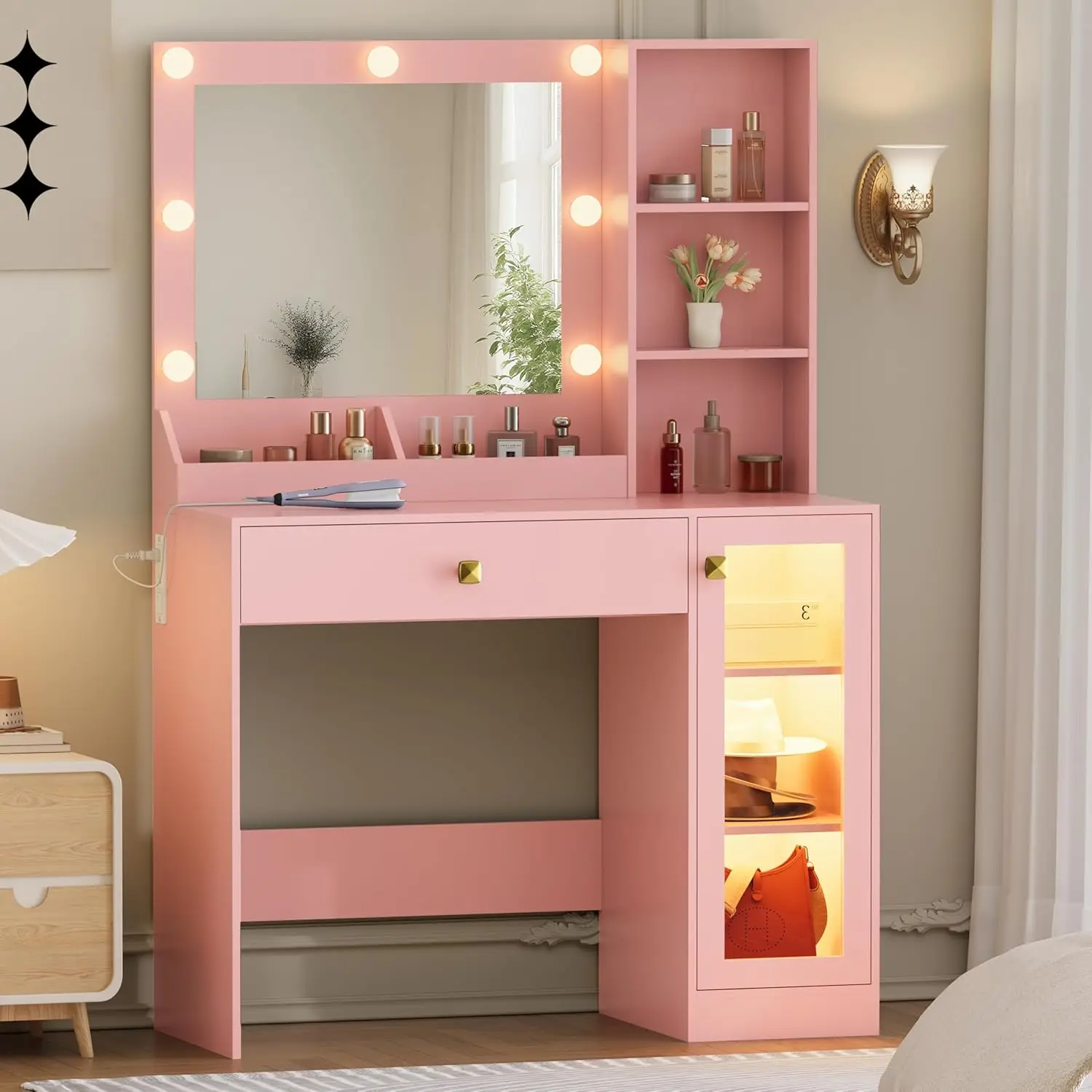 Bedroom Makeup Vanity, with 34''W, Charging Station, RGB Glass Cabinet, 3 Color Lighting Modes and Adjustable Brightness