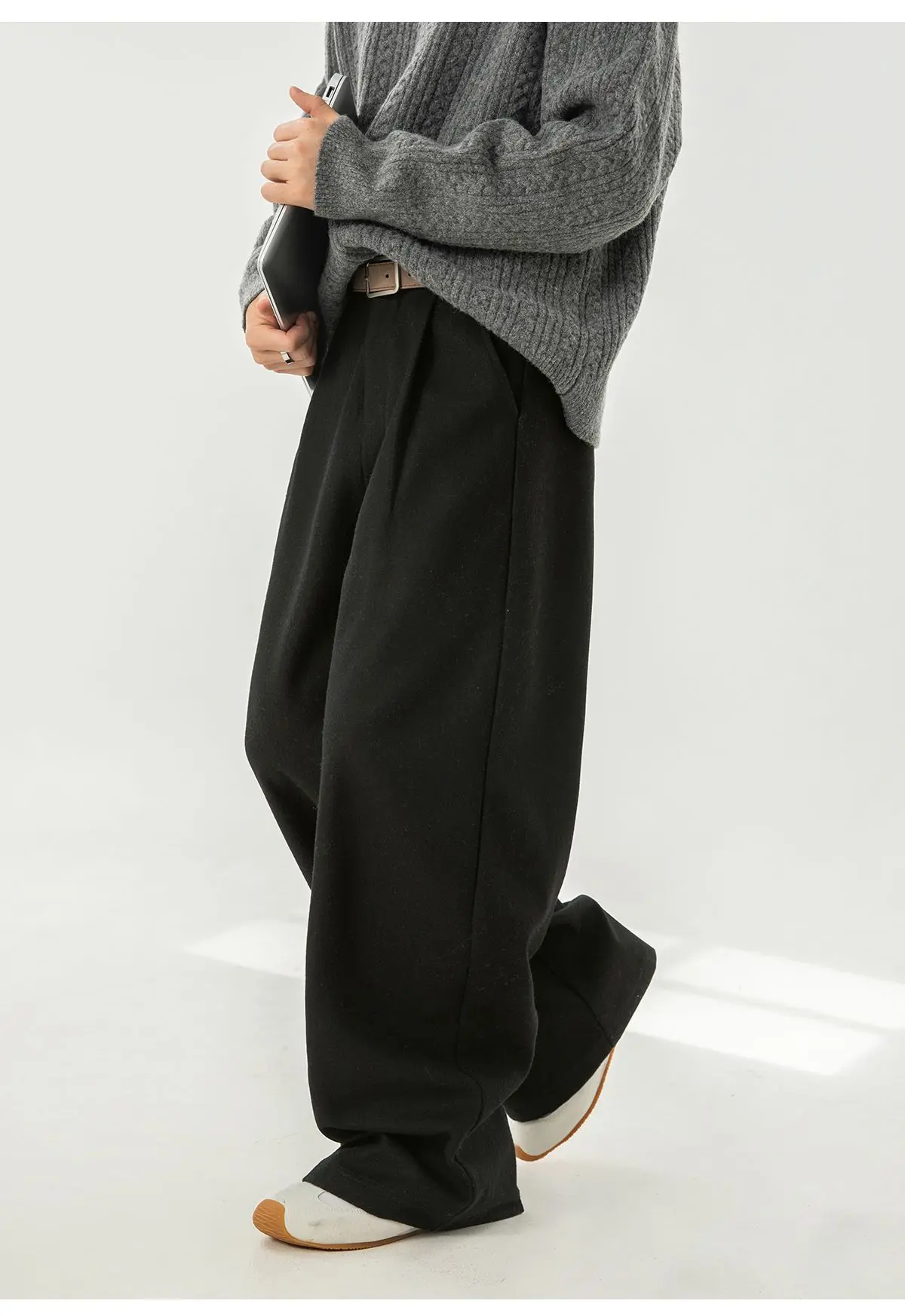 Herbst- und Winter-Herrenhose aus schwerer, strukturierter Wolle mit geradem Bein, locker gefaltet, Y2K Koreanische Baggy Casual Hose – Detail 16