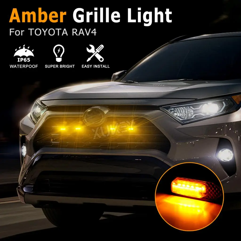 4pcs Amber LED Raptor Grille Front Lights Wiring Harness Kit Warning Signal Compatible For Toyota RAV4 2019 2020 2021 2022 2023