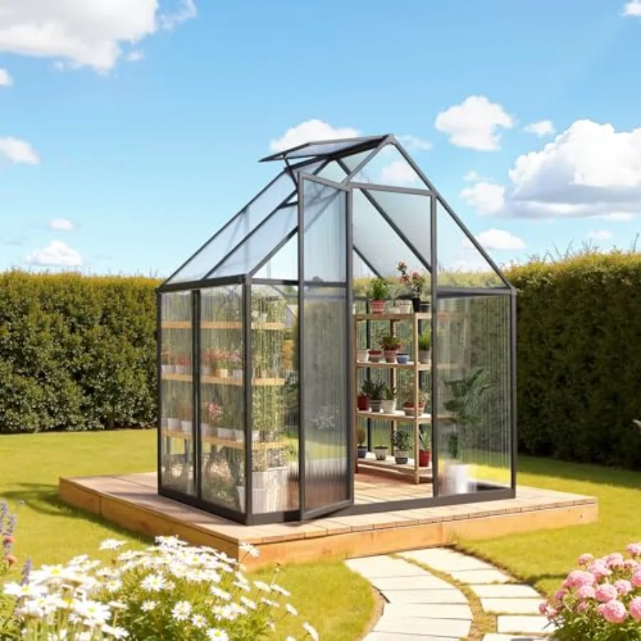 Outdoor garden greenhouse: polycarbonate, green, heavy-duty aluminum frame with adjustable vent and lockable push-pull door, qu