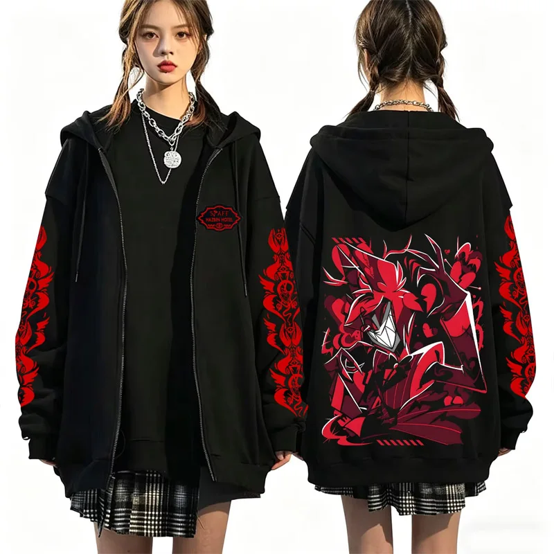 Hazbin Hotel Retro Print Zip Up Hoodie Herbst Winter Streetwear Casual Fashion Harajuku Mantel Fleece Langarm Reißverschluss Sweatshirts – Detail 2