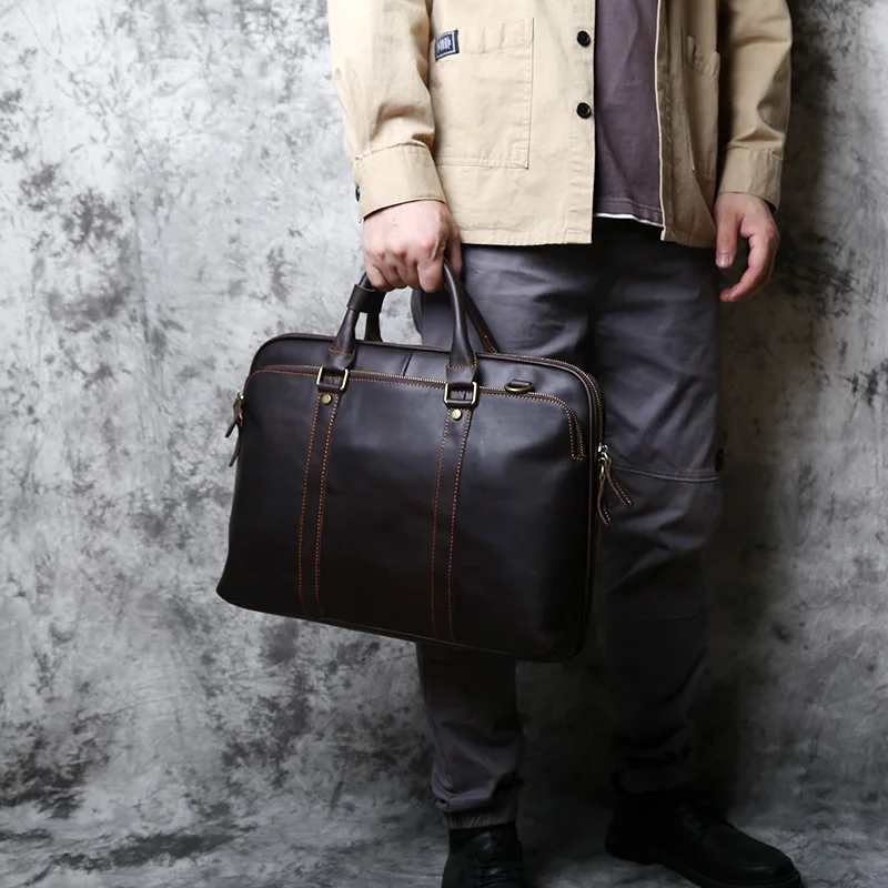 NZPJ Vintage handgefertigte Leder Herrenhandtasche Oberschicht Rindsleder Große Kapazität Business Computertasche Herren Schulter Diagonaltasche – Detail 5