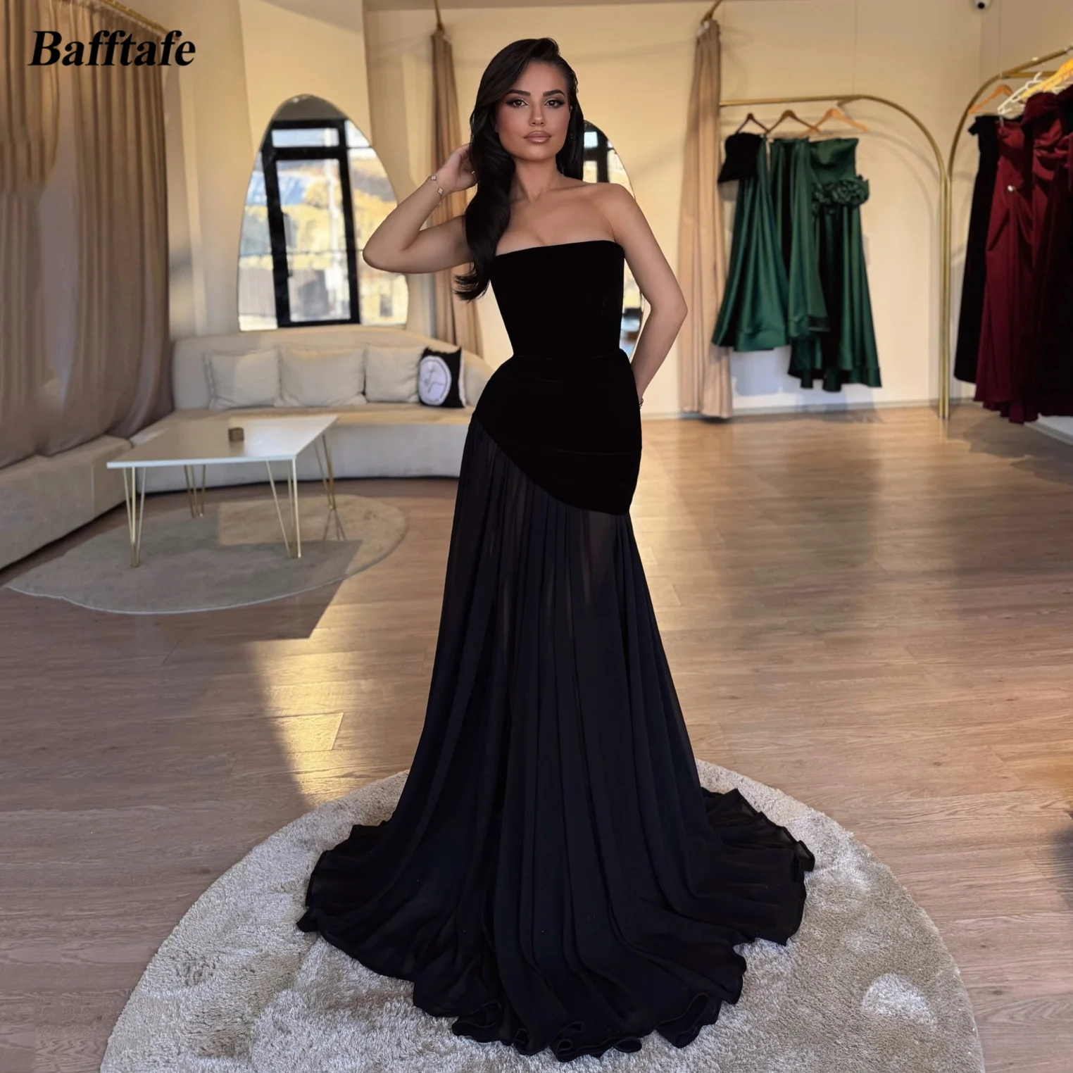 

Bafftafe Simple Black Chiffon Prom Dresses Customized Strapless Sweep Train Women Special Party Gowns Formal Birthday Dress 2025