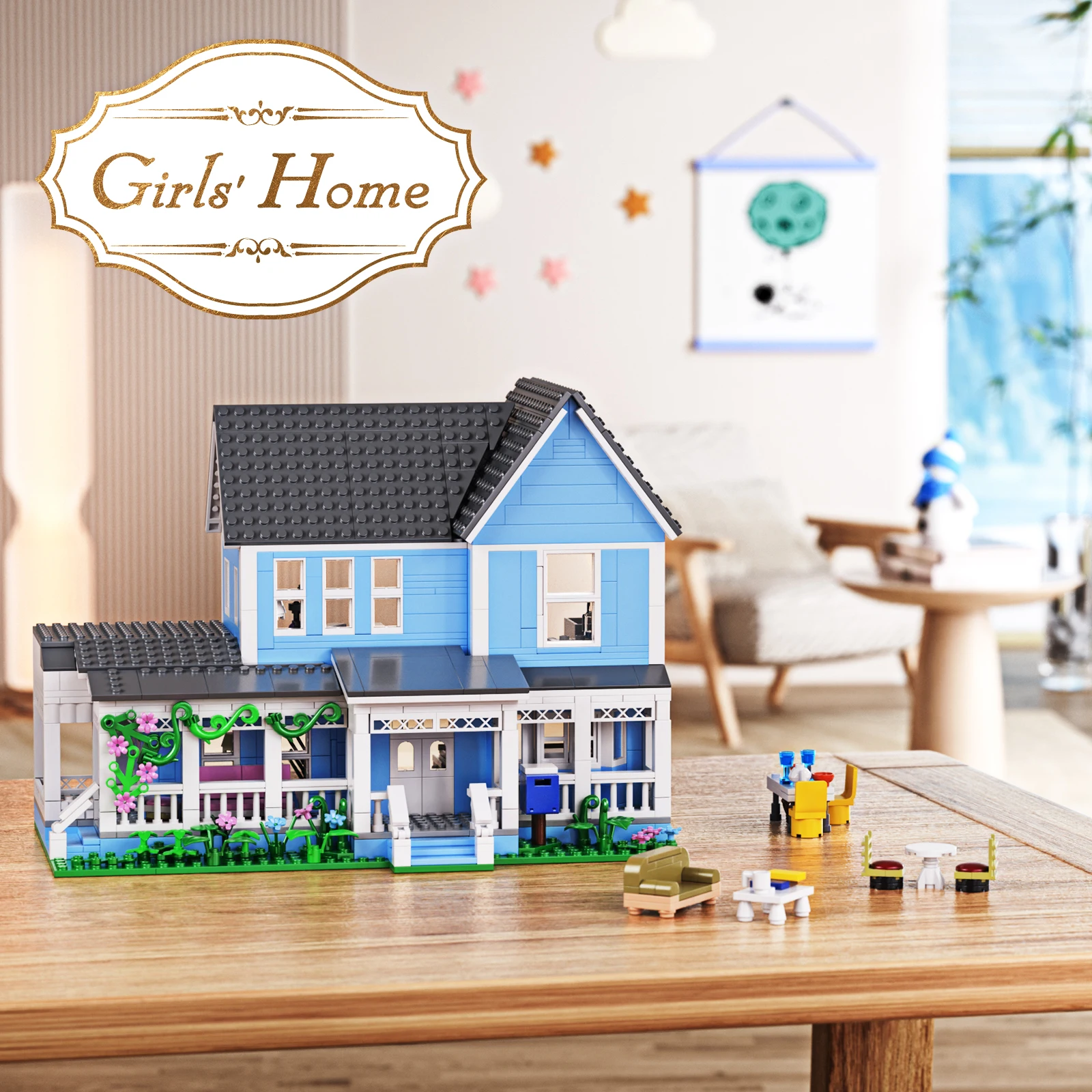 

Blue Villa Palace Building Block Set Gilmoreed Girl's House Apartment Cottage Architecture Model Bricks Gifts for Girls and Boys